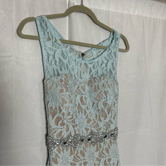 Deb 2000’s Lace Overlay Blue Open Back Cut Out Rhinestone Formal Maxi Dress 7 - Picture 3 of 9